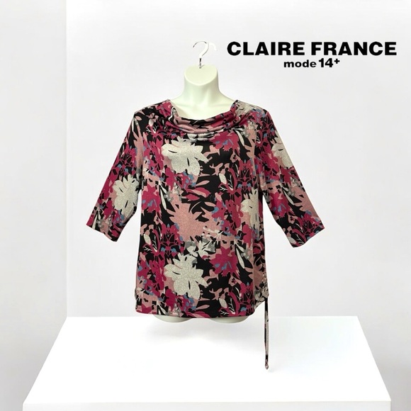 Claire France, Plus Size Floral Cowl Neck Top, 1X, Pink, Black, Silver - Picture 1 of 8
